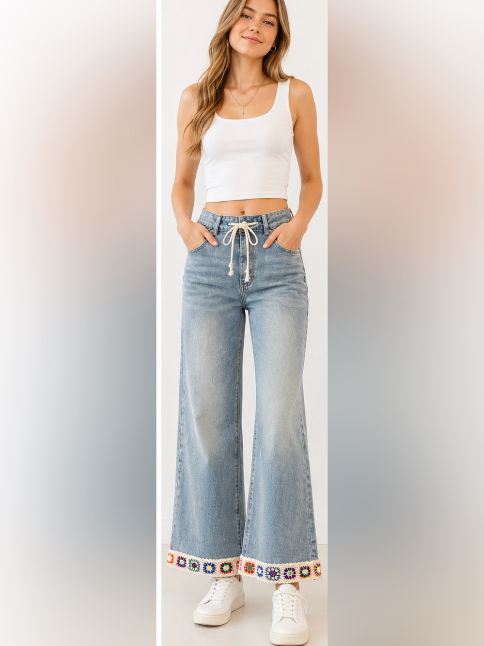 DAVI & DANI Light Blue Crochet-Trim Wide Leg Jeans NWT